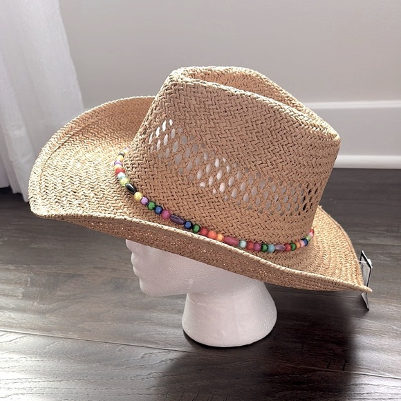 ILLUMA Cowboy paper straw sun hat, beaded band, adjustable - Picture 1 of 12